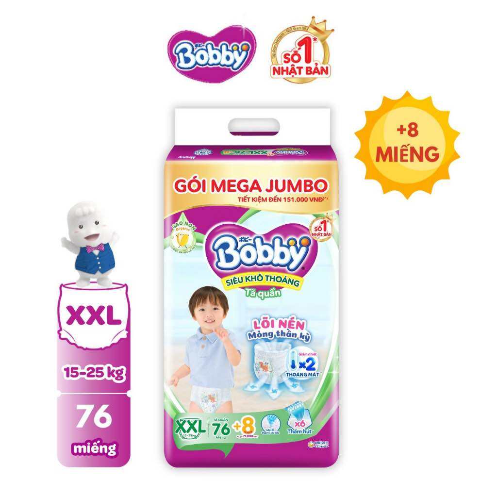 ( Tặng 8 miếng ) TÃ QUẦN BOBBY MEGA JUMBO XXL76+8