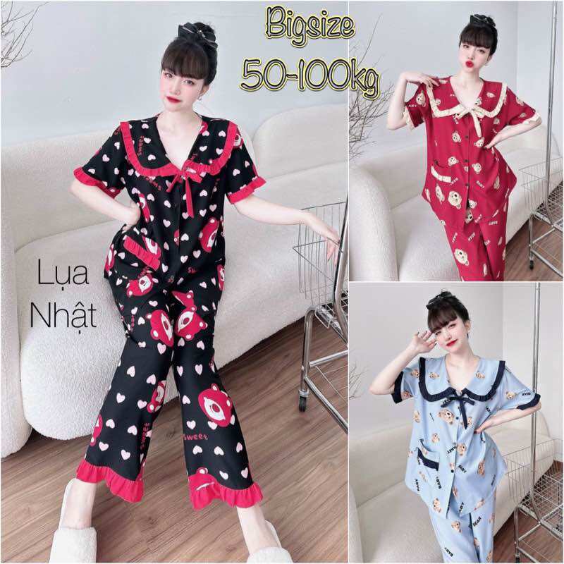 Đồ bộ bigsize 50-100kg lụa nhật cao cấp hoạ tiết xinh - cổ bèo
