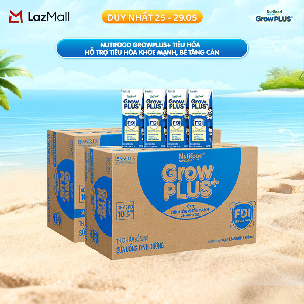 Combo 2 Sữa bột pha sẵn Nutifood Sweden GrowPLUS+ Tiêu Hóa (Xanh Nhạt) - Hỗ trợ tiêu hóa khỏe mạnh, bé tăng cân (48 hộpx180ml)