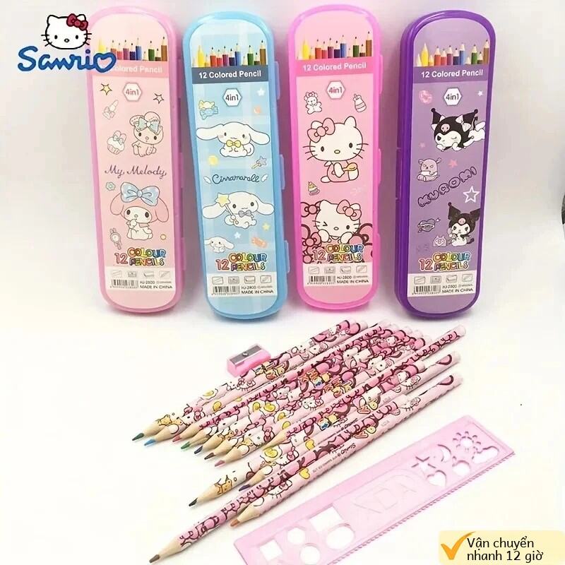 Bộ Bút Chì Màu Sanrio Hello Kitty 12 Màu Với Hoa Văn Kuromi Cinnamoroll Trẻ Em Anime Hoạt Hình Văn P