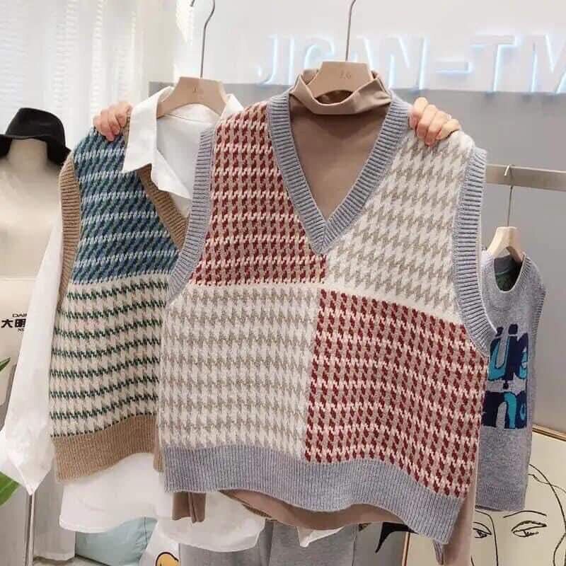 Áo len gile thổ cẩm phối màu quảng châu