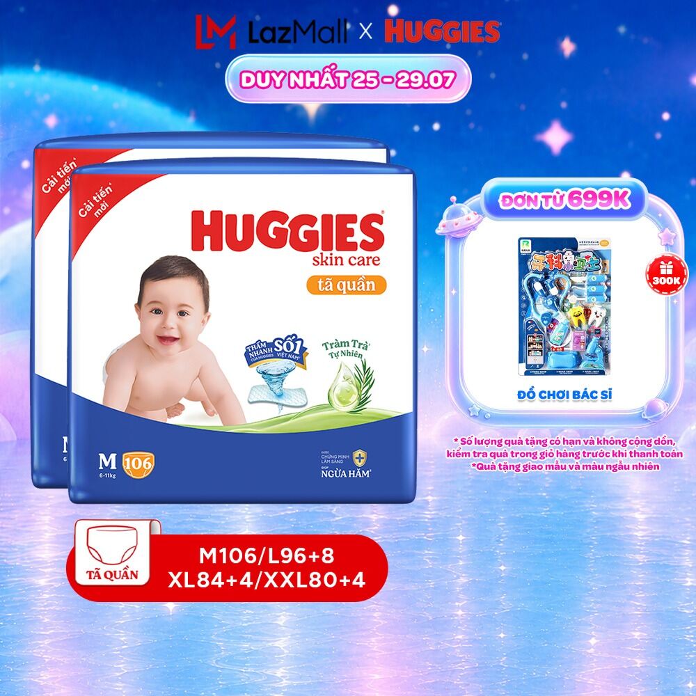 Combo 2 gói Tã/ bỉm quần Huggies Skincare Mega Jumbo M106/L100+4/XL84+4/XXL76+4 với tràm trà dịu da