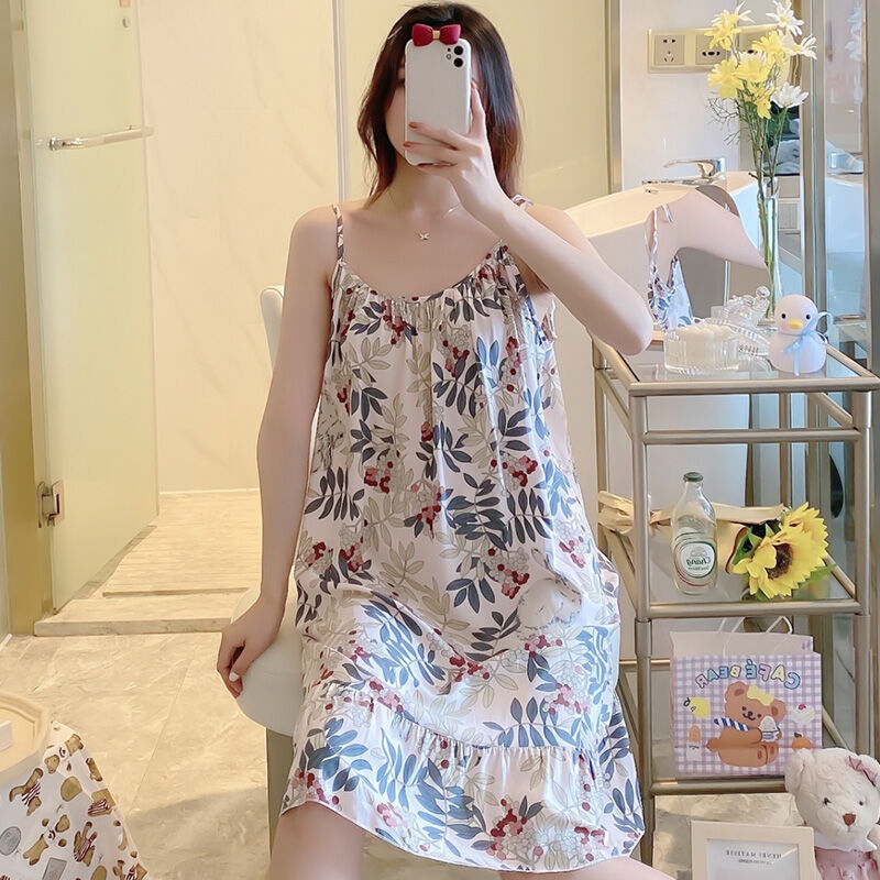 Váy ngủ váy ngủ váy ngủ cotton lụa cotton nhân tạo mẫu mỏng mùa xuân hè váy ngủ cotton lụa cỡ lớn cho cô nàng mập váy dài cho học sinh thon gọn
