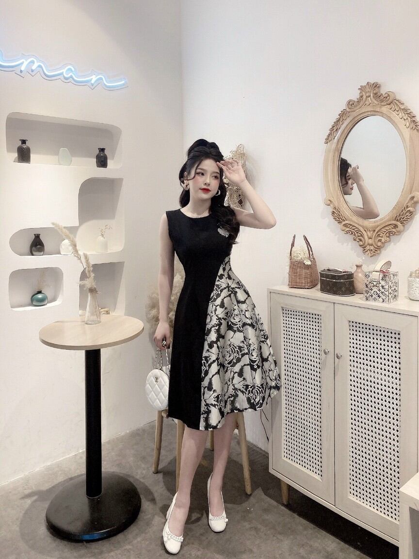Đầm xoè gấm phối màu cao cấp