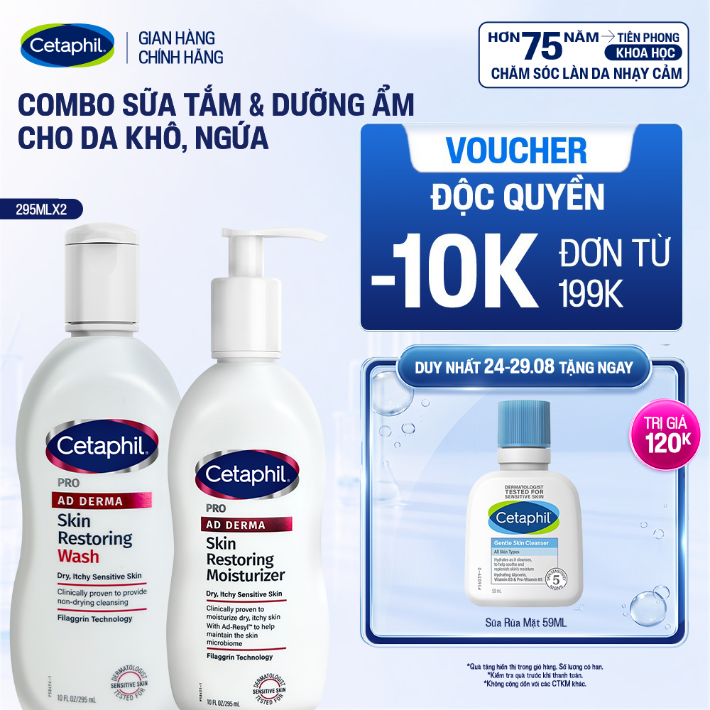 Combo Sữa tắm và Kem dưỡng ẩm dành cho da khô, ngứa Cetaphil Pro AD Derma Wash 295ml + Cetaphil Pro AD Derma Moisturizer 295ml