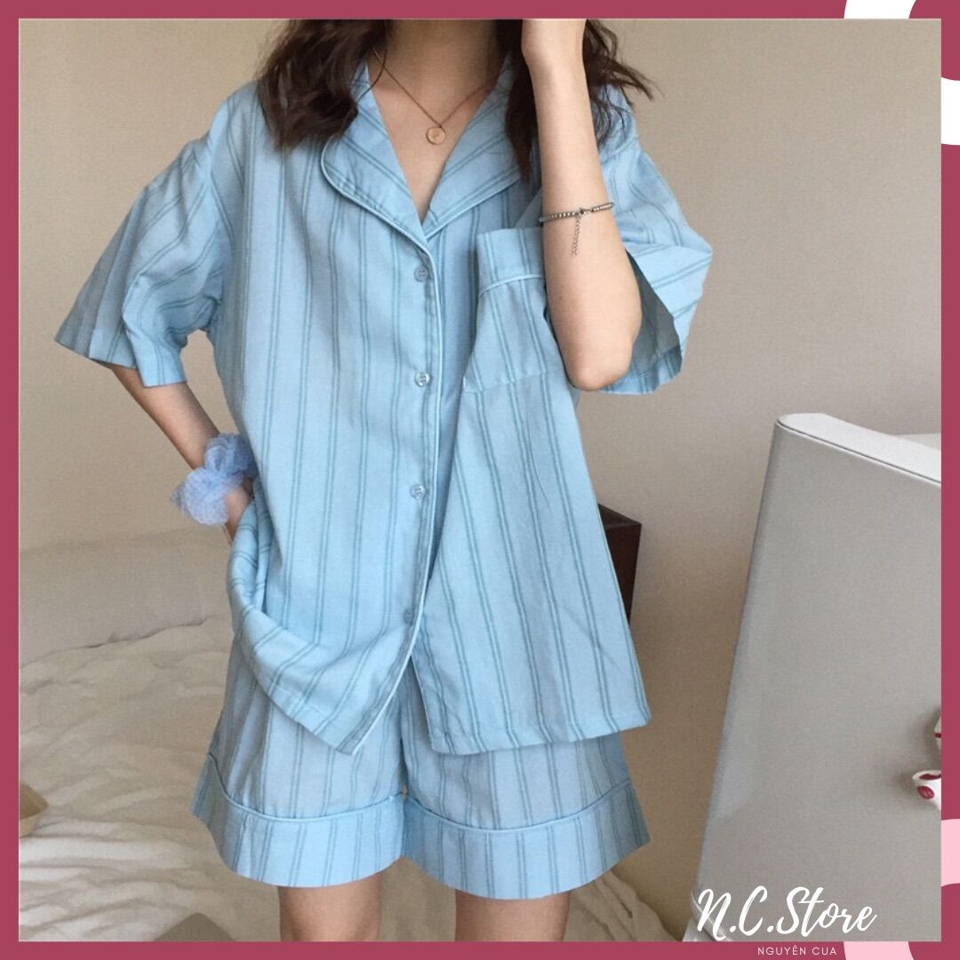 Bộ pyjama cổ vest kẻ sọc siêu ngọt ngào