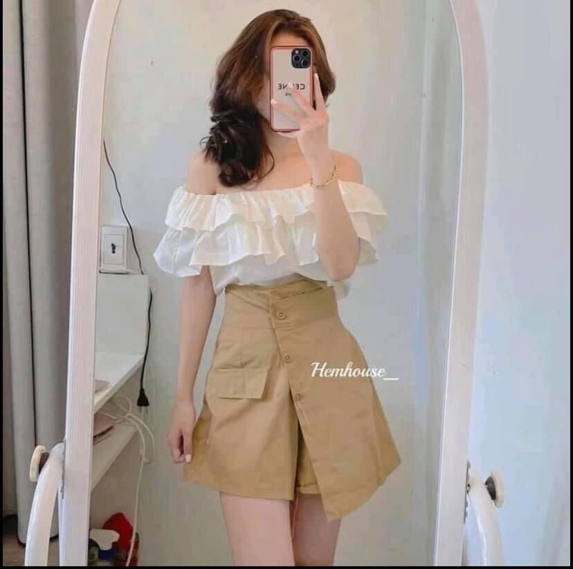 Set áo trễ vai 3 tầng + chân váy giả quần xẻ tả có túi đính cúc giả cực đẹp hot