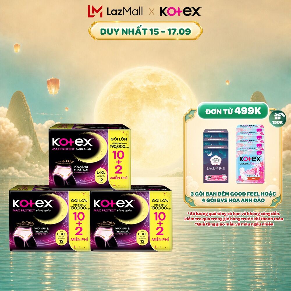 Combo 3 Băng Vệ Sinh Dạng Quần Kotex Ban Đêm Cỡ L/XL (10+2) Miếng/Gói