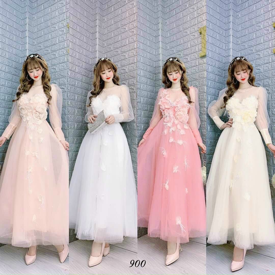 Đầm váy dạ hội maxi cô dâu đi bàn đính hoa tay phồng form xòe