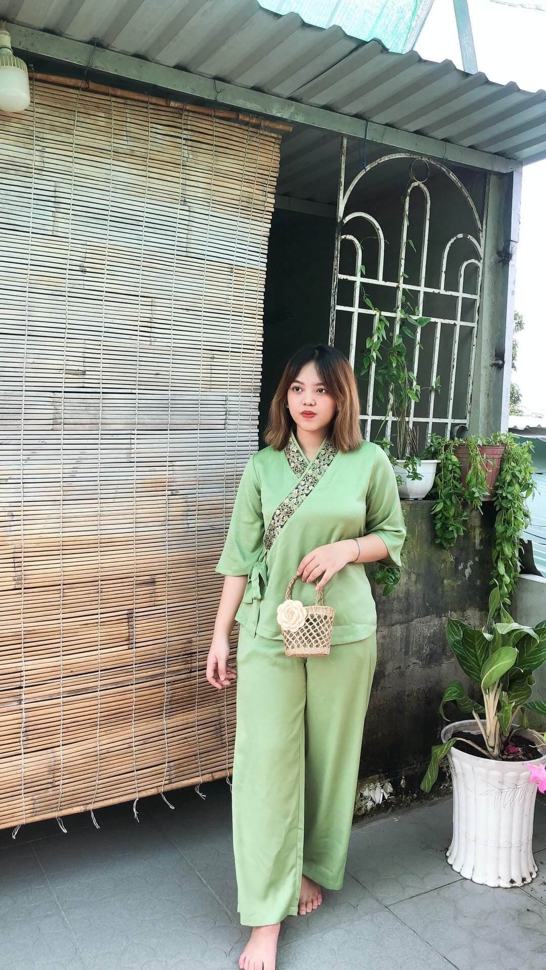 bộ nữ phật tử đi chùa vải lụa cao cấp lụa pháp