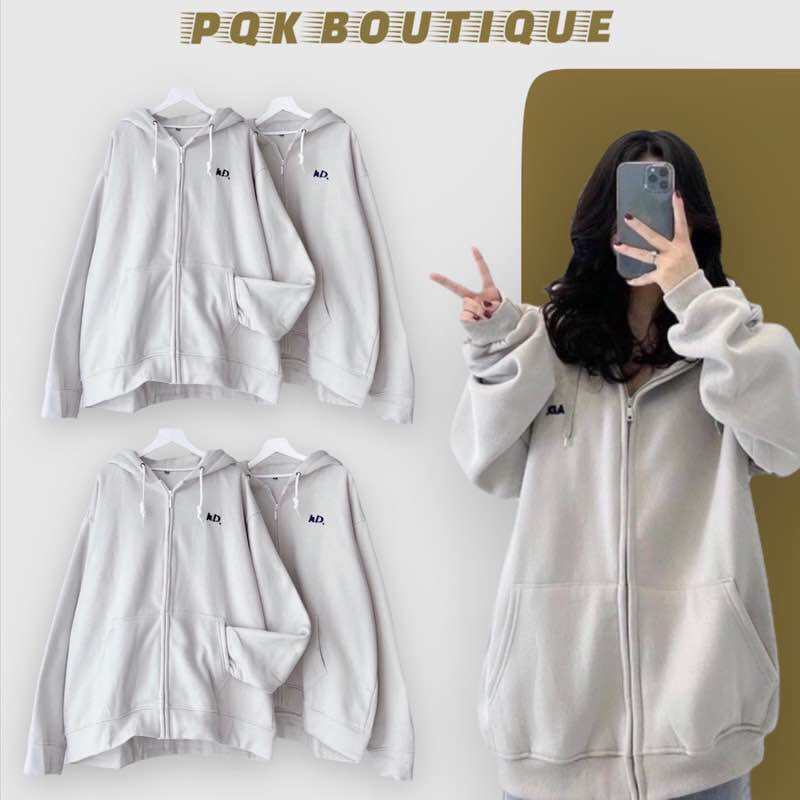 Áo Khoác Zip Nỉ Unisex Form Rộng Thêu Chữ HD Xám Xanh Hot Trend - Pqk Boutique