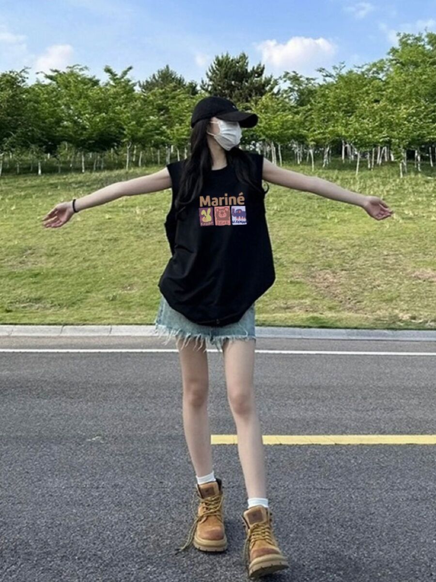 Áo Vest Cotton Đen Phong Cách Đường Phố Mỹ Cho Nữ Mùa Hè 2024 Áo Khoác Ngoài Rộng Rãi, Không Tay, Áo Thun Cao Cấp, Dáng Ôm