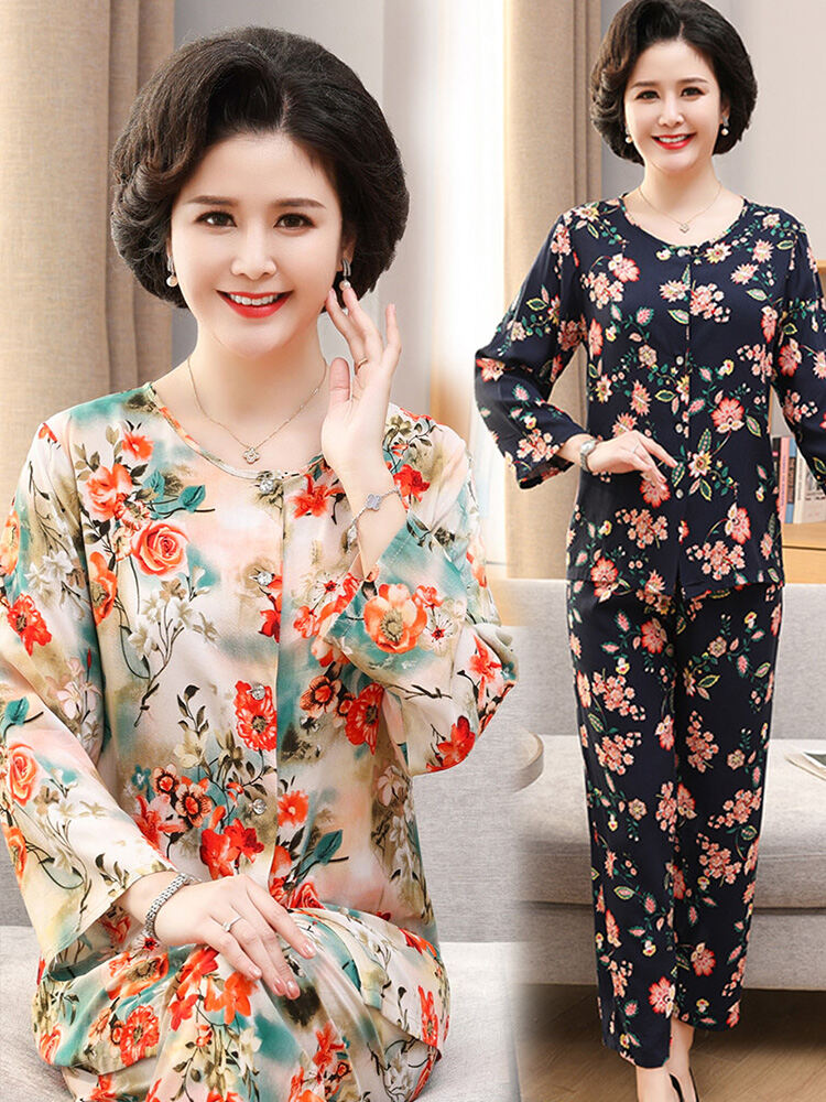 Bộ Đồ Ngủ Lụa Cotton Dài Tay Quần Dài Cho Nữ Mùa Xuân Hè Mặc Ở Nhà Có Thể Mặc Ngoài Trời Đồ Ngủ Thoải Mái Thoáng Khí