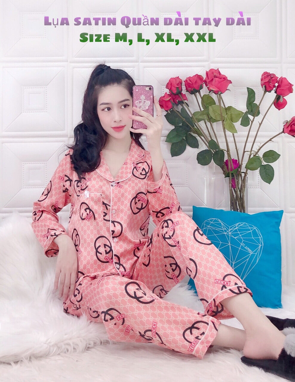 Bộ Lụa Satin QDTD Họa Tiết Sang Chảnh_Size M Dưới 52kg