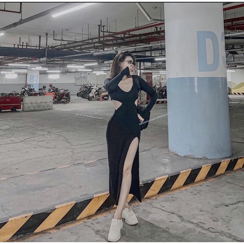 ĐẦM BODY TAY DÀI KHOÉT EO XẺ TÀ