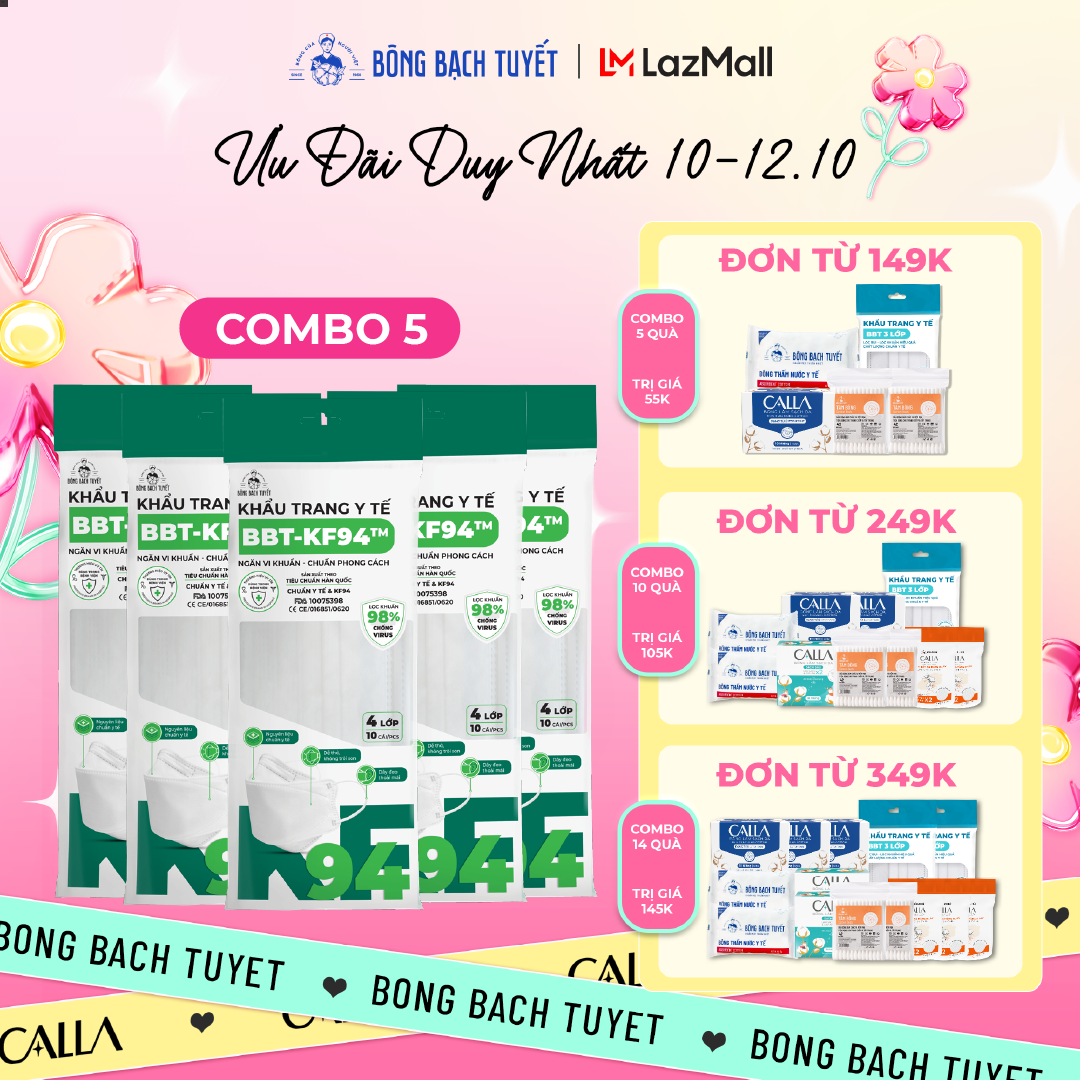Combo 5 Gói Khẩu trang Bông Bạch Tuyết KF94 4 lớp trắng (10 cái/gói)
