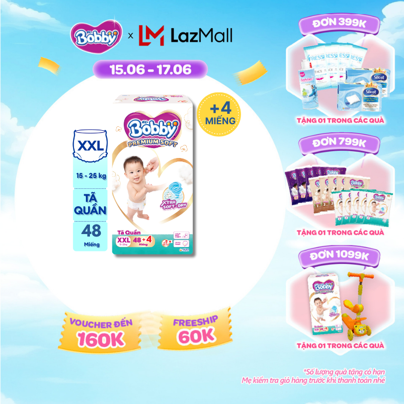 [Từ 22-23 tặng QUÀ TO-SLCH][Tặng 4 miếng] Tã quần Bobby Premium Soft size XXL48