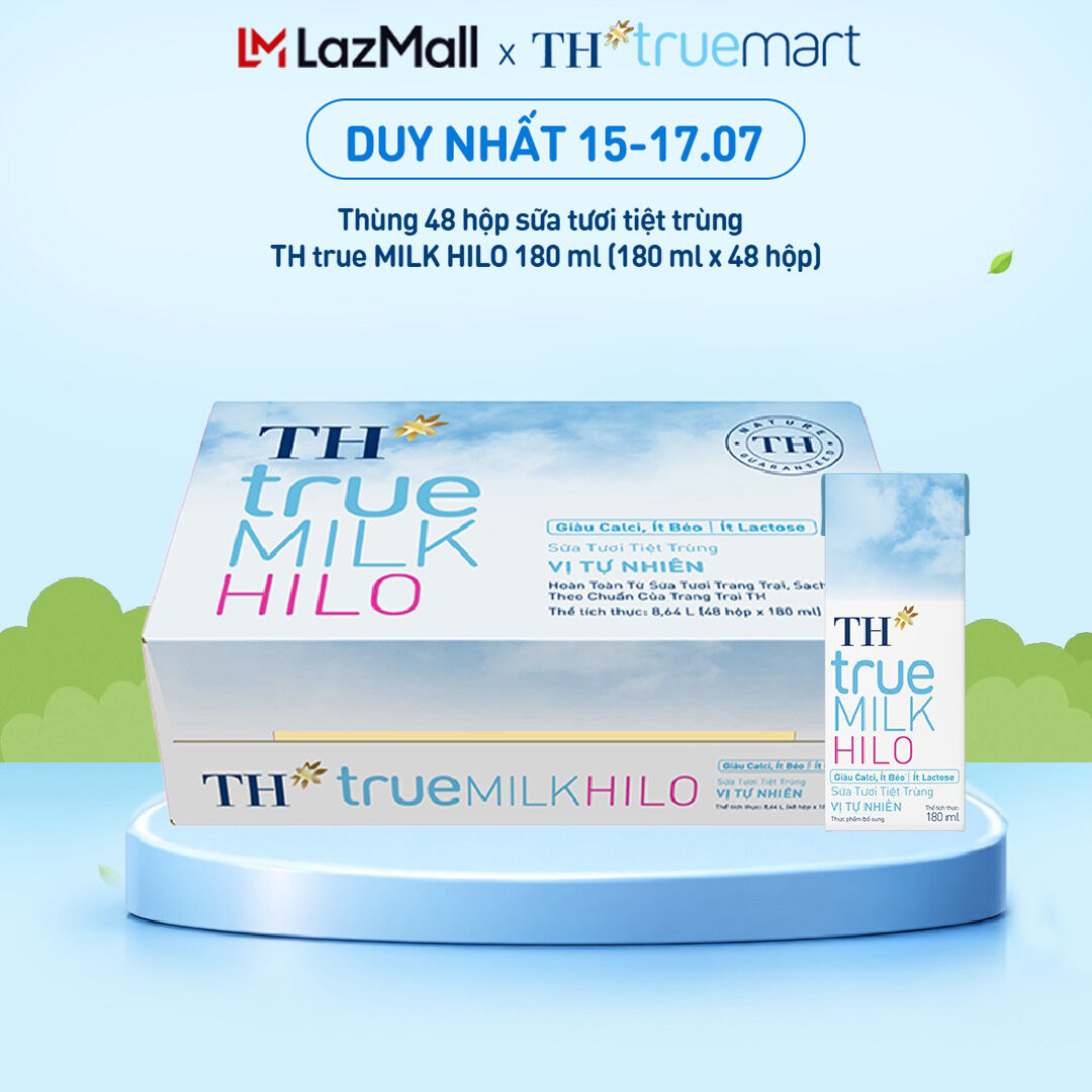 Thùng 48 hộp sữa tươi tiệt trùng TH true MILK HILO vị tự nhiên 180 ml (180 ml x 48)