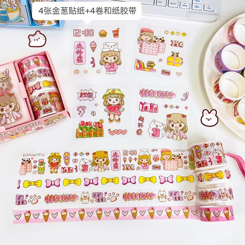 Hộp 4 tấm sticker và 4 cuộn washi