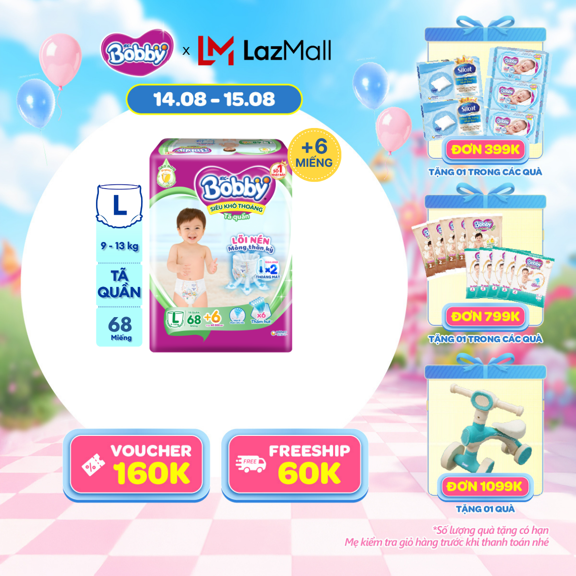[12-14.08 QUÀ TO]Tã/bỉm quần Bobby Ultra Jumbo 3mm Siêu khô thoáng L70