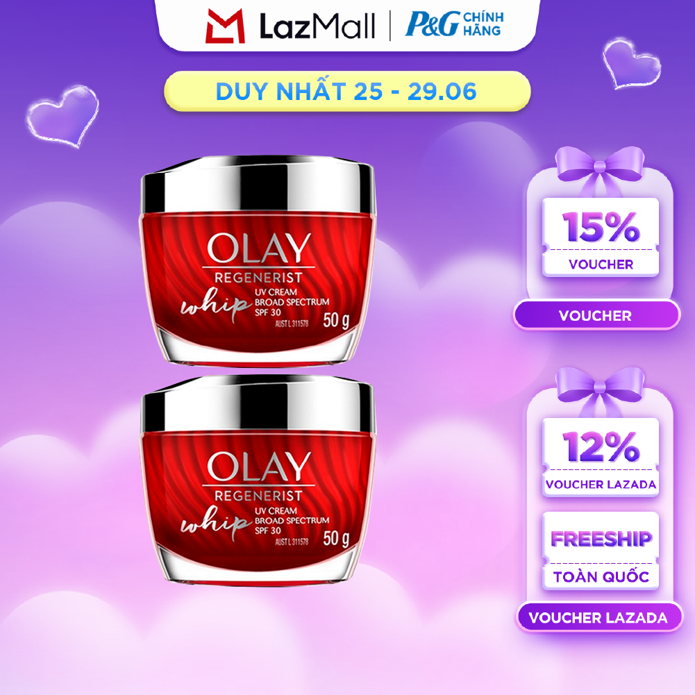 Combo 2 Kem Dưỡng Ban Ngày OLAY REGENERIST WHIP Căng Mướt, Sáng Khỏe  Ngăn Ngừa Dấu Hiệu Lão Hóa Ngăn Tia UV SPF 30 Hũ 50G