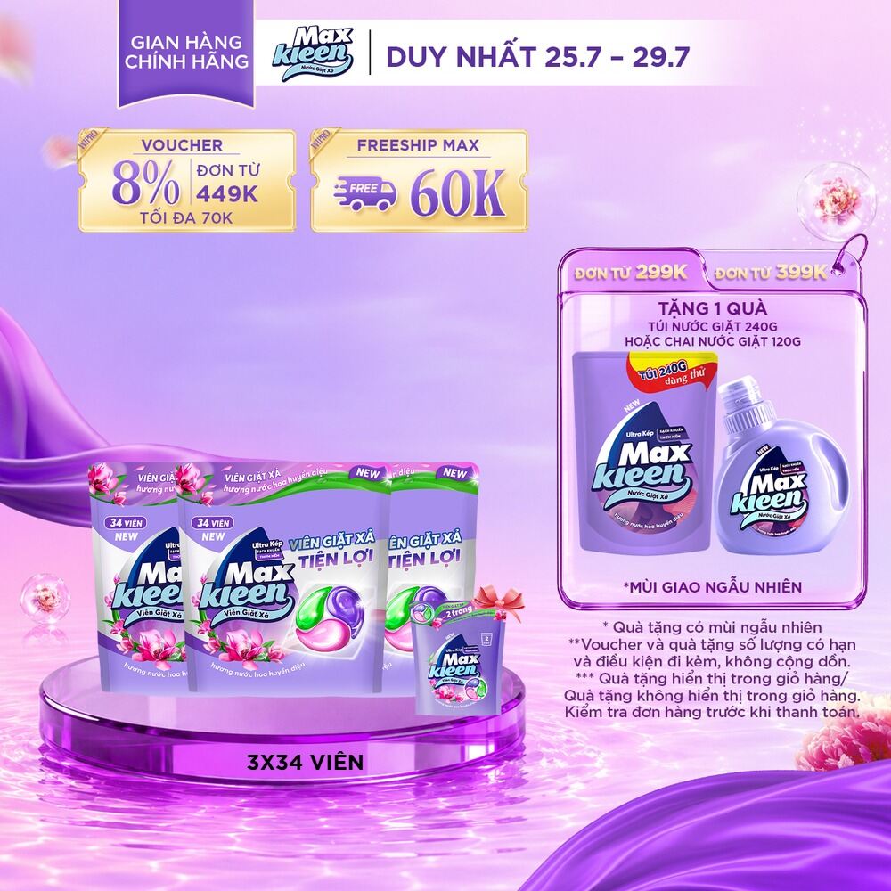 Combo 3 Túi Viên Giặt Xả MaxKleen  Hương Nước Hoa Huyền Diệu (Túi 34+4 Viên)