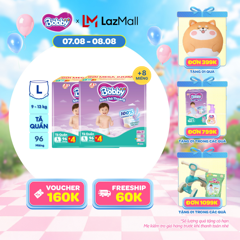 [20g 7-10.8 QUÀ TO][TẶNG MIẾNG NGẪU NHIÊN] Combo 2 Tã/bỉm quần Bobby 3mm Mega Jumbo Siêu khô thoáng L96