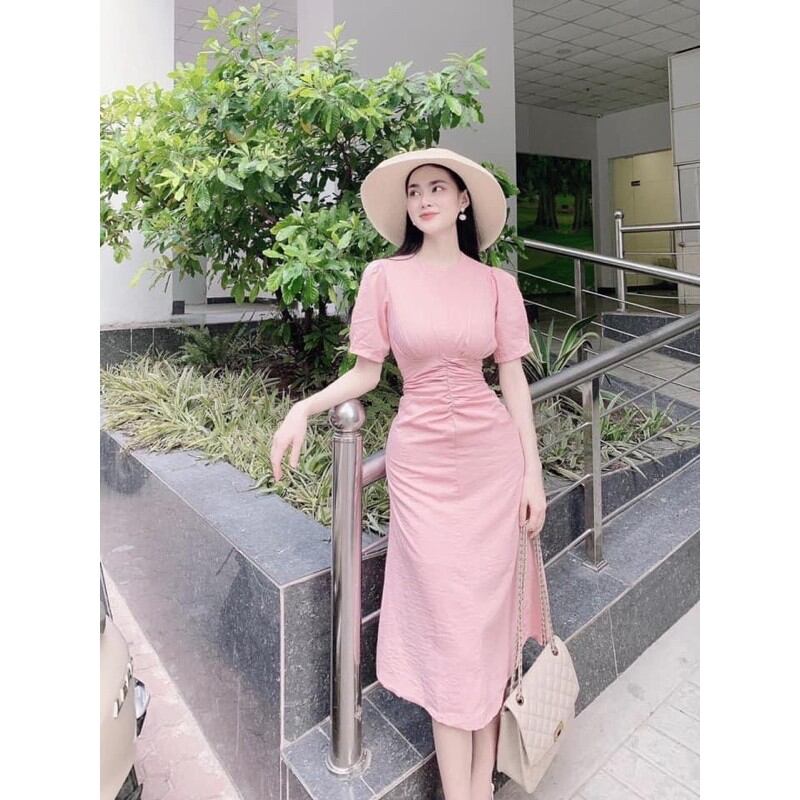 Đầm trắng MiDi Nhíu Eo Tay Phồng
