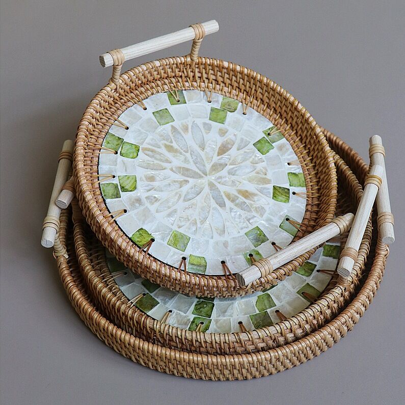 Natural Shell Tray Double Ear round Fruit Plate Tea Table Dessert Display Storage Cup Large Small Wicker Weaving Trays