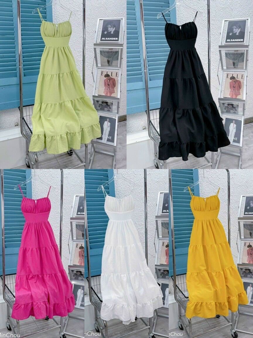 Đầm maxi dài hở lưng vải xốp màu trơn