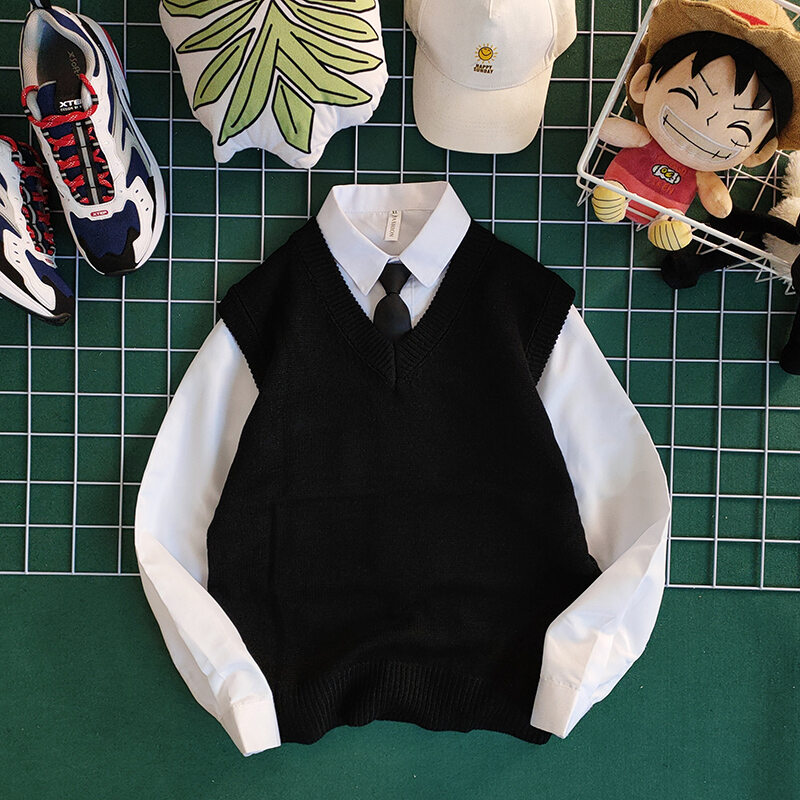 South Korea INS Trendy Pure Color V Neck Sweater Vest Male Autumn College Style Couples Sleeveless Sweater Waistcoat Hong Kong Style
