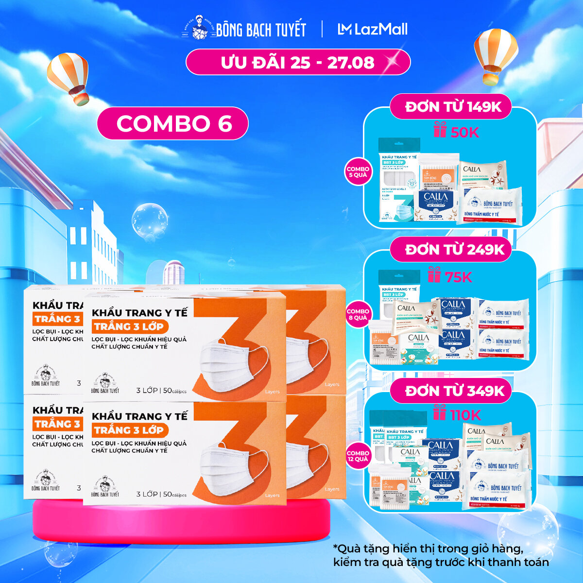 Combo 6 Khẩu trang Bông Bạch Tuyết 3 lớp trắng