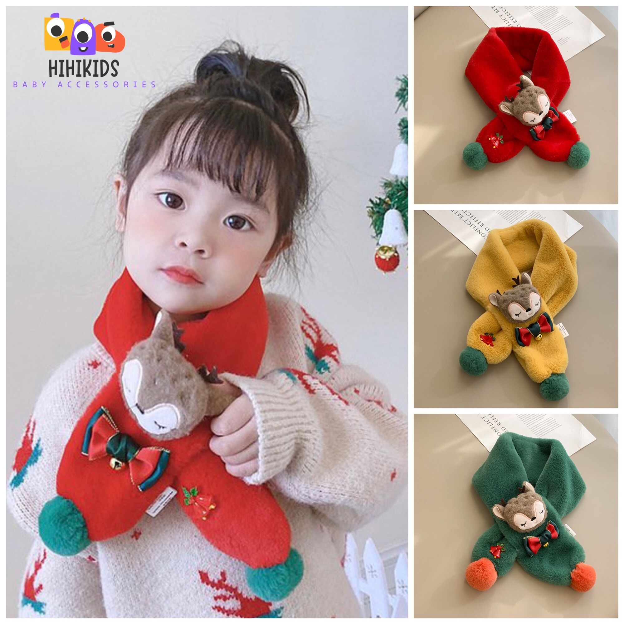 Khăn quàng cổ trẻ em, khăn len cho bé hình hươu gài noel mùa đông chống rét ấm áp dễ thương K04 Hihikids