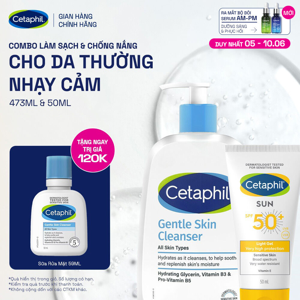 Combo Sữa rửa mặt CETAPHIL GENTLE SKIN CLEANSER 473ML + Gel chống nắng cho da nhạy cảm Cetaphil Sun SPF 50+ Light Gel