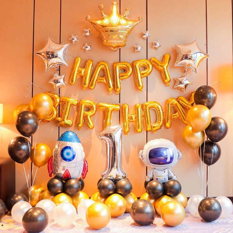 Set bong bóng happy birthday trang trí cho bé trai 1 tuổi V01 màu vàng
