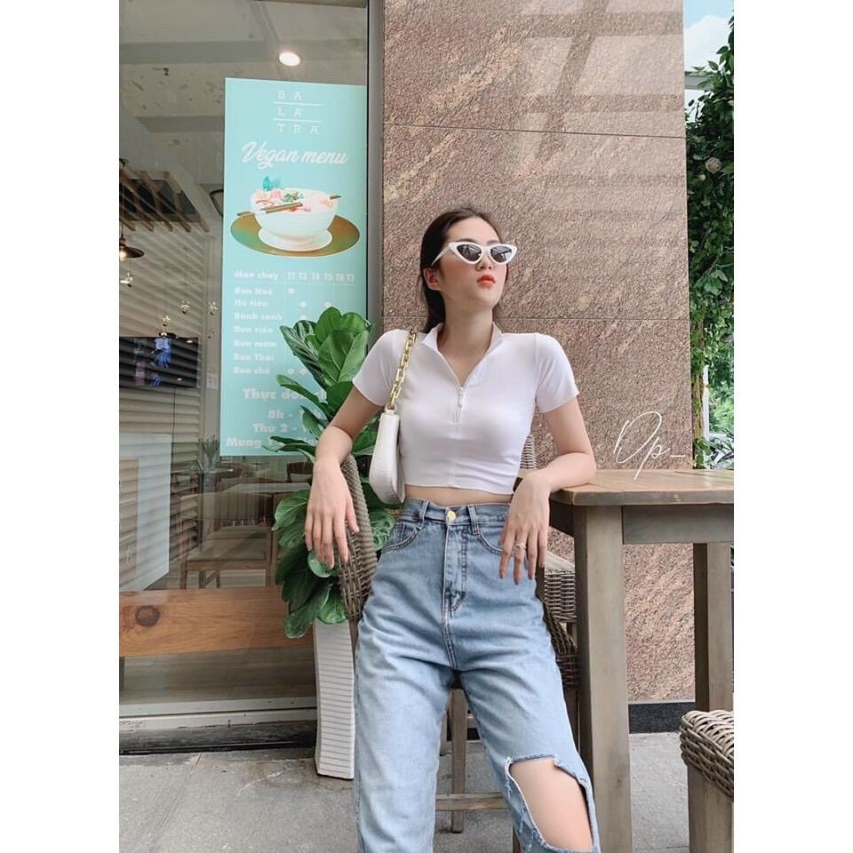 Áo croptop cổ dây kéo