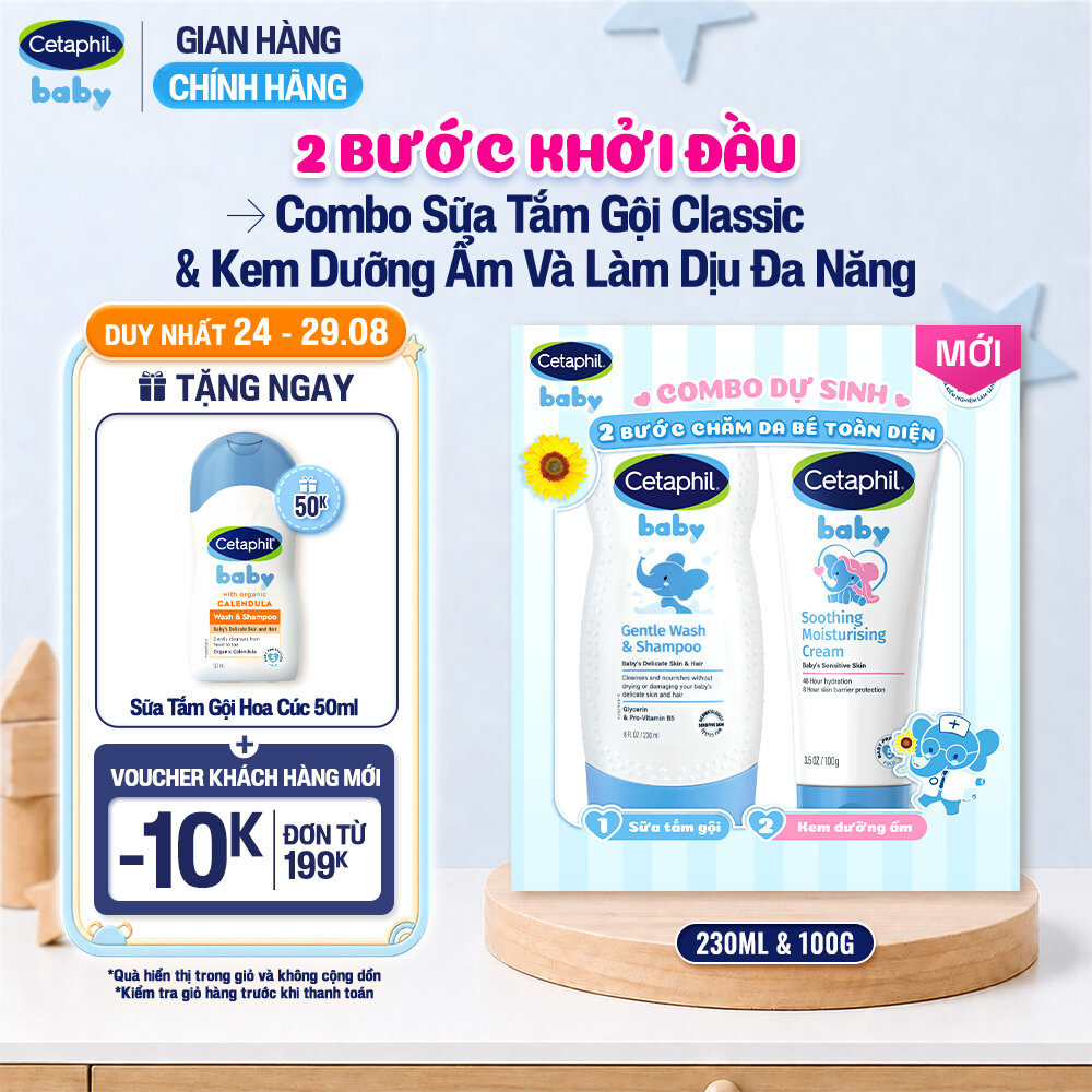 [Combo Dự Sinh] Sữa tắm gội dịu lành cho bé CETAPHIL BABY GENTLE 230ML  Kem dưỡng ẩm và làm dịu đa năng cho bé 100G