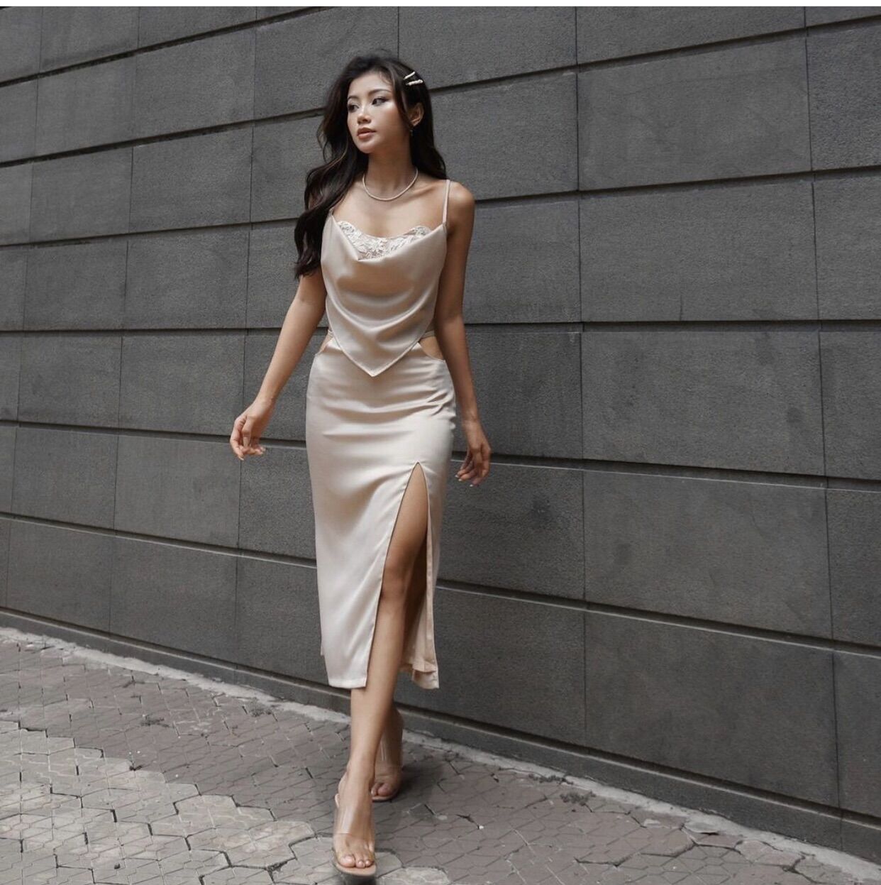 Fiona Dress - set váy 2s lụa cao cấp phối ren , chân váy xẻ sexy