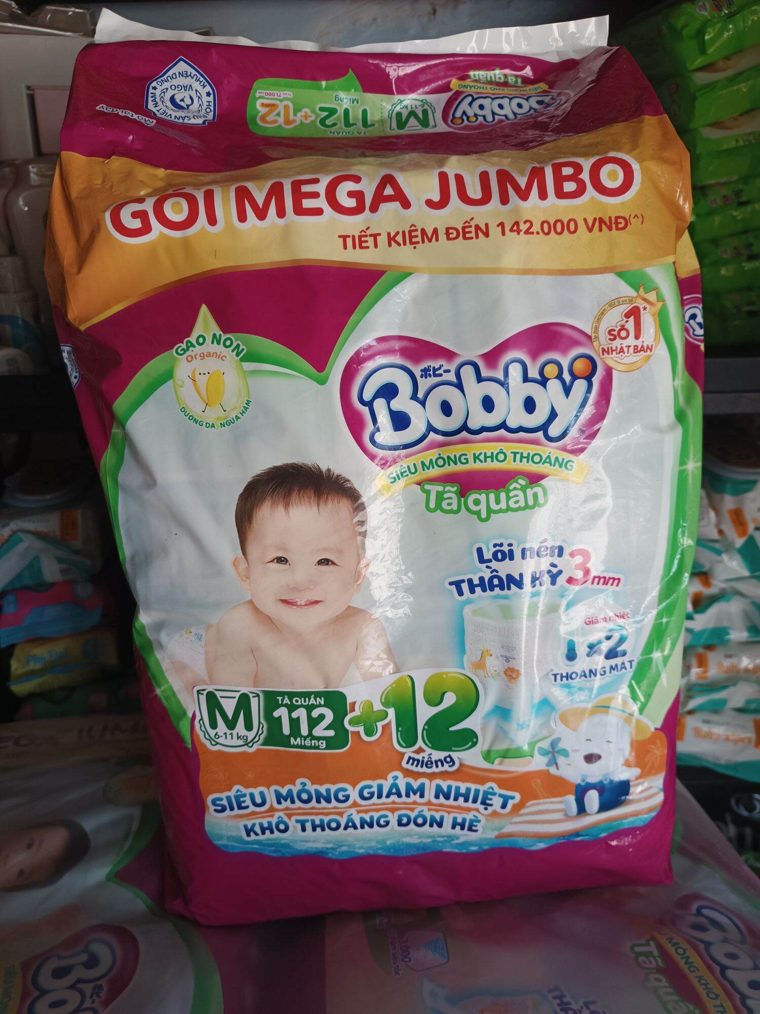 Giao ngay {TẶNG 12 MIẾNG} gói tã quần Bobby mega Jumbo lõi nén 3mm siêu mỏng thấm hút size M 112+12 