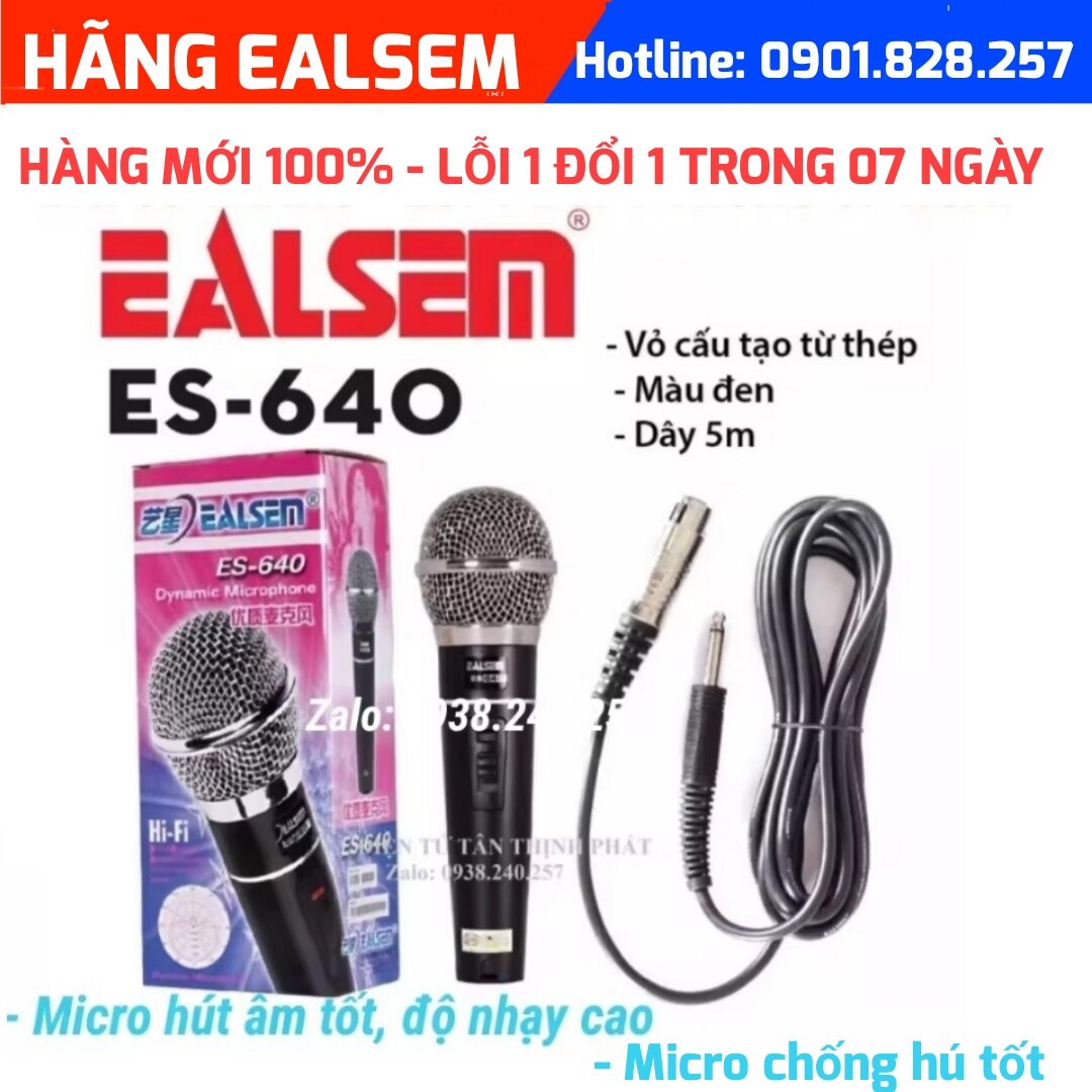 Micro có dây karaoke ealsem es-640 đầu mic chất lượng cao, thân kim loại kèm dây zin dài 5m chống gãy bền bỉ - EALSEM ES 640