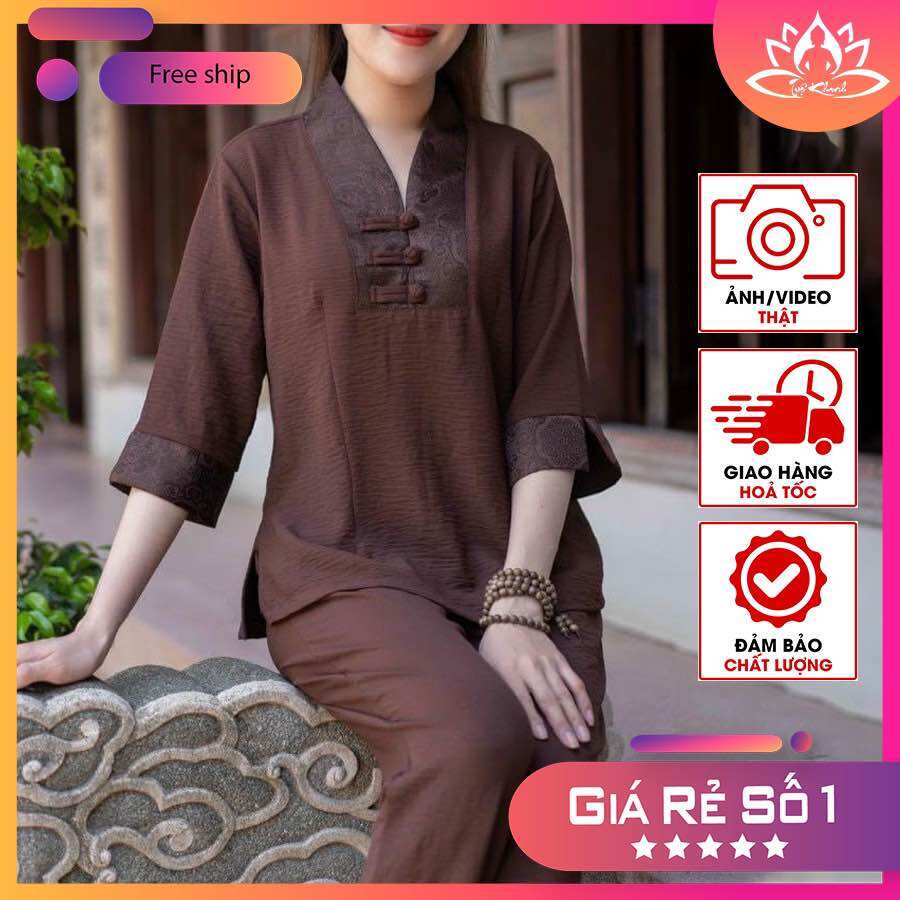Pháp Phục Đi Chùa, đồ lam đi chùa nữ vải đũi phối gấm