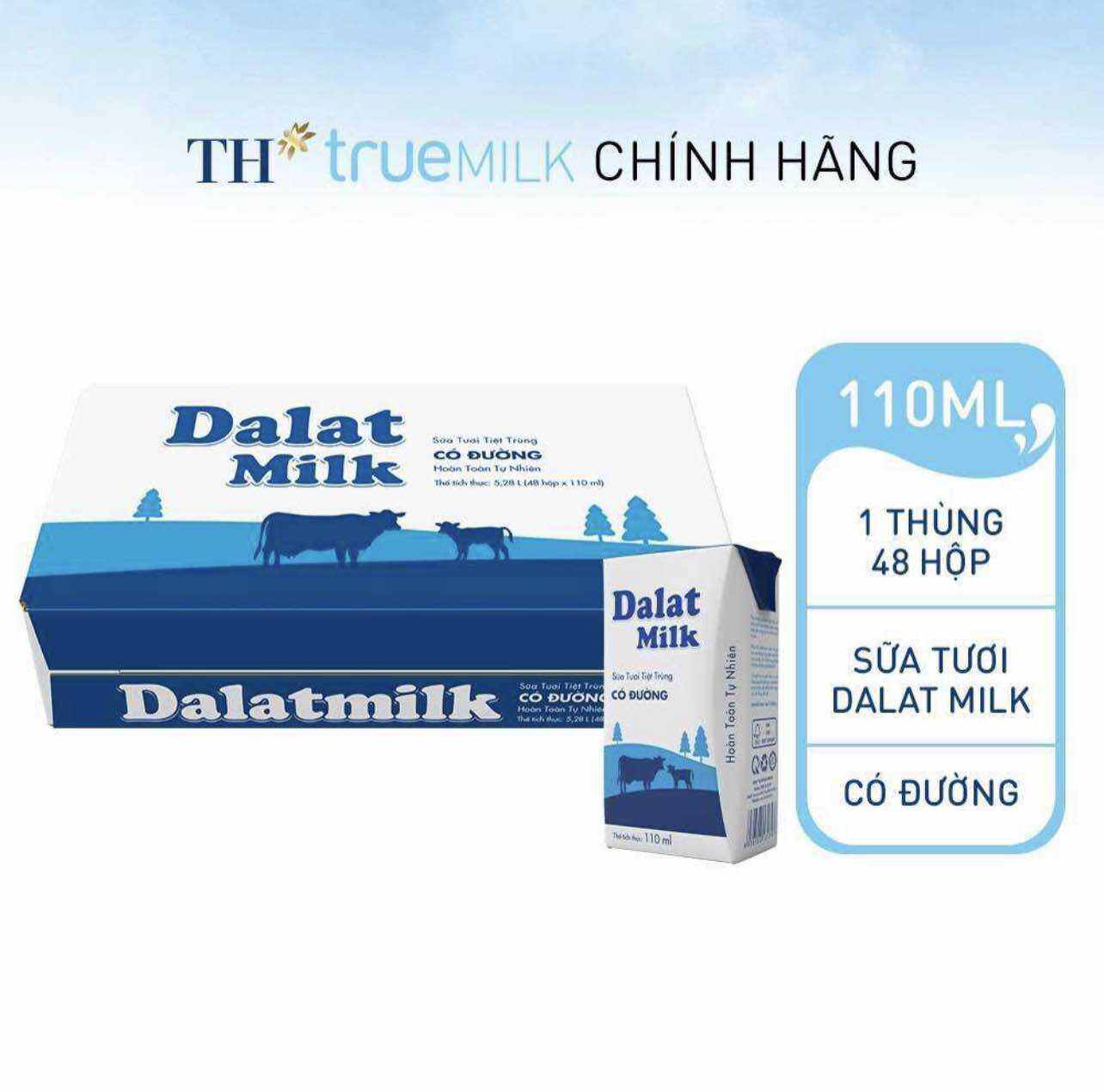 Sữa Tươi Đà Lạt Milk 110ml có Đường ( Thùng 48 hộp )