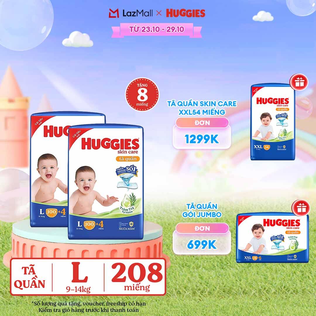 [CHỈ 23-29.10 GIẢM THÊM 80K]  Combo 2 Gói Tã/bỉm quần HUGGIES SKINCARE MEGA JUMBO size L96+8 miếng/ 