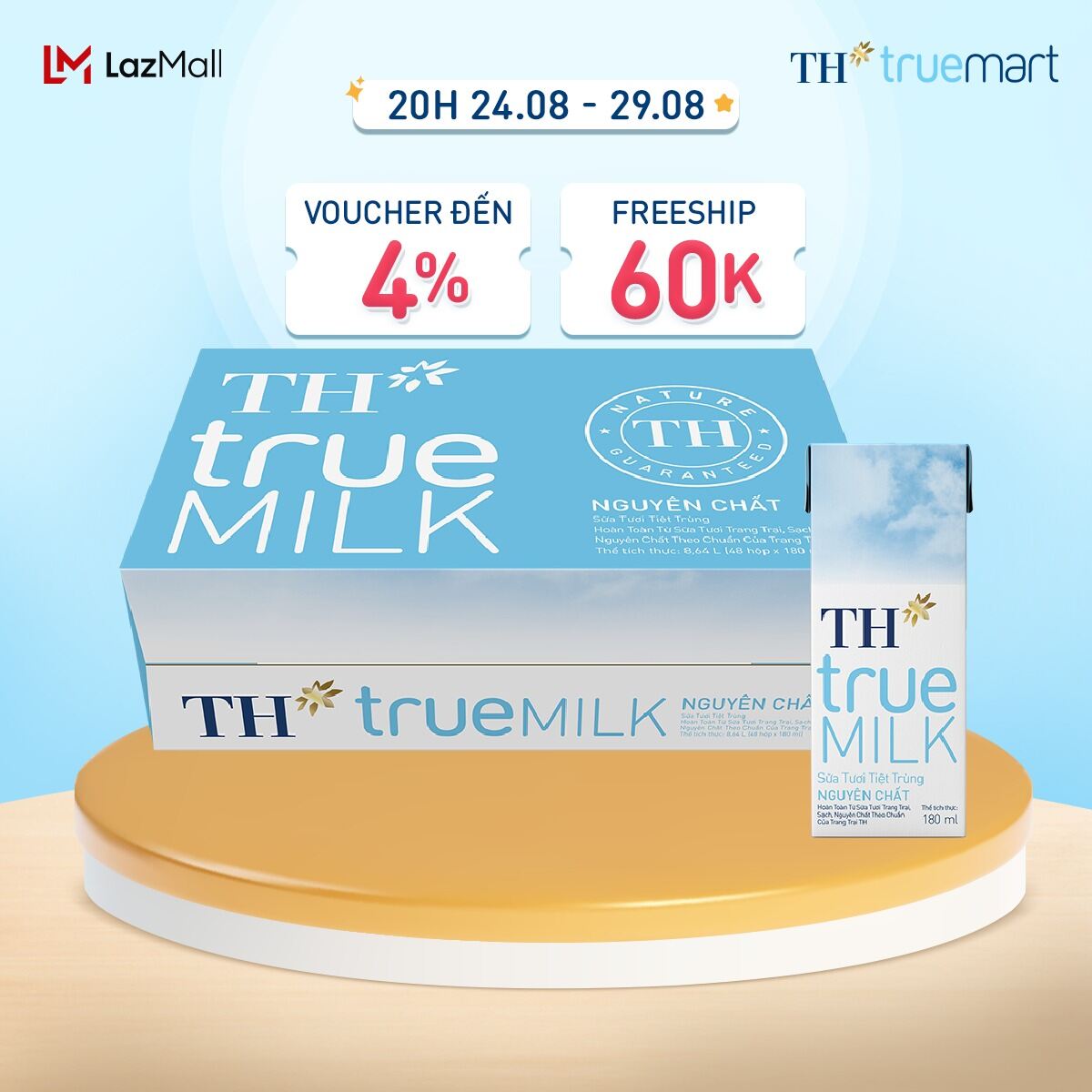 Thùng 48 hộp sữa tươi tiệt trùng TH true MILK nguyên chất 180 ml