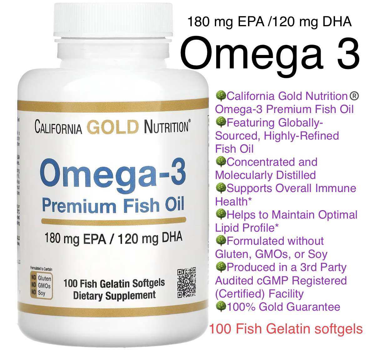 [Mỹ] viên Premium Omega-3 Fish Oil California Gold Nutrition 100 viên giúp làm đẹp da tóc cải thiện mắt, giấc ngủ.