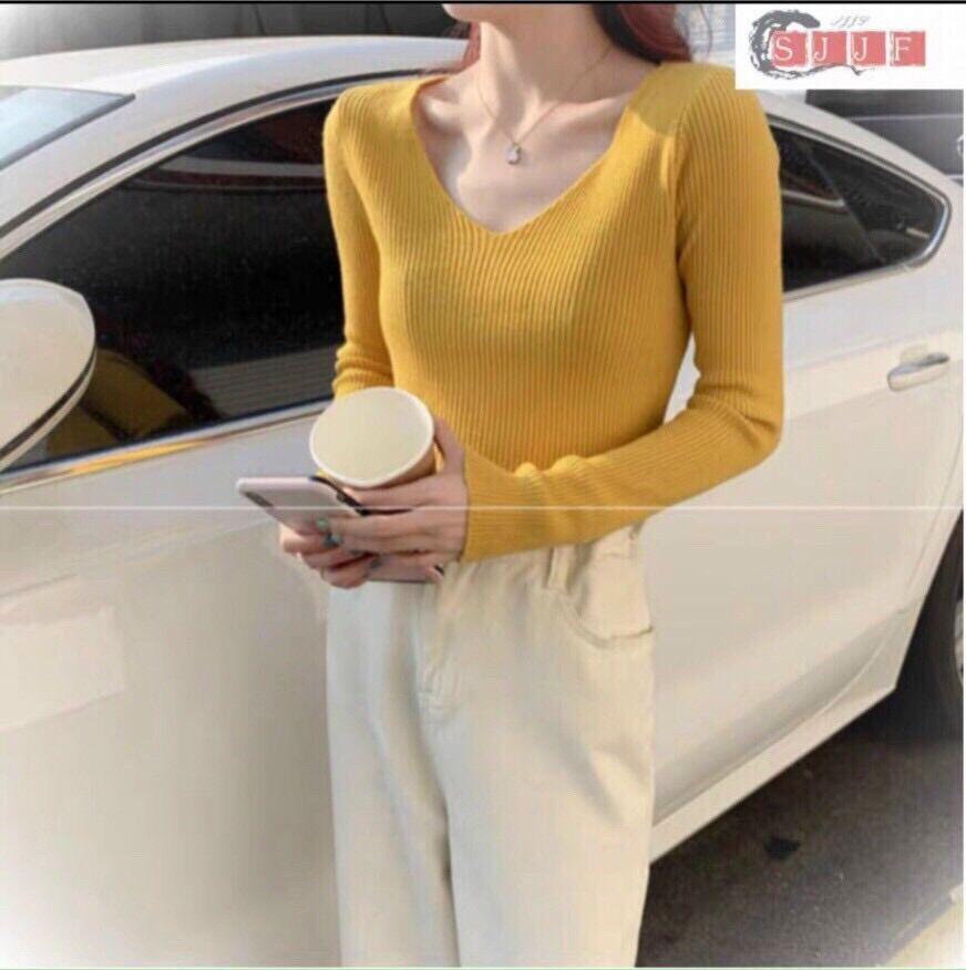 Áo len dệt kim nữ trơn cổ tim nhiểu màu