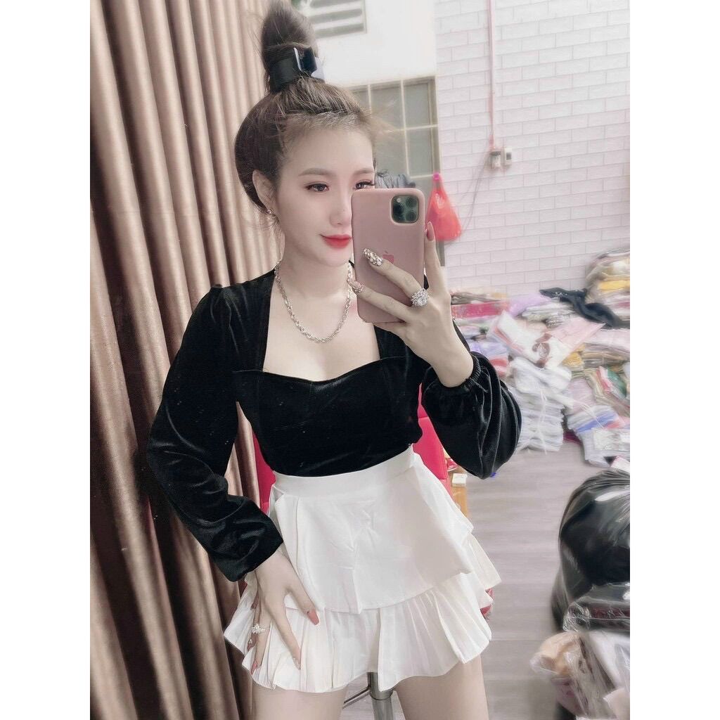 Áo nhung dài tay croptop cổ vuông sẵn đệm mút