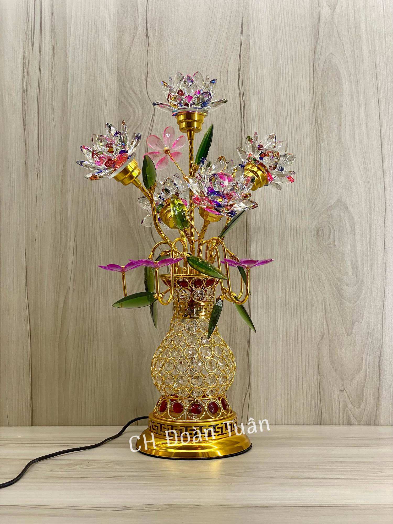 đèn thờ bình bông pha lê cao cấp - đèn bình 5 bông pha lê