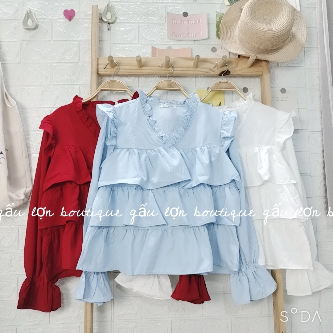 áo babydoll cổ v bèo 3tầng tiểu thư