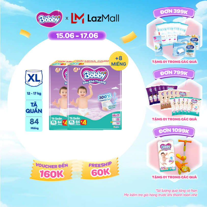 [Từ 22-23 tặng QUÀ TO-SLCH][TẶNG MIẾNG NGẪU NHIÊN] Combo 2 Tã/bỉm quần Bobby 3mm Mega Jumbo Siêu khô thoáng XL84